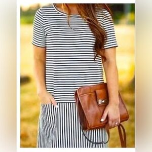 Madewell Dockside blue and white striped mini shift dress.